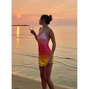 Princess Polly 4 Sunset Mini Dress, Halter Tie Neck, Pink Yellow Ombre, Silky